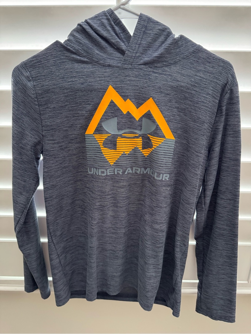Youth Large Under Armour Blue Grey Heather Hoodie with Yellow Graphic